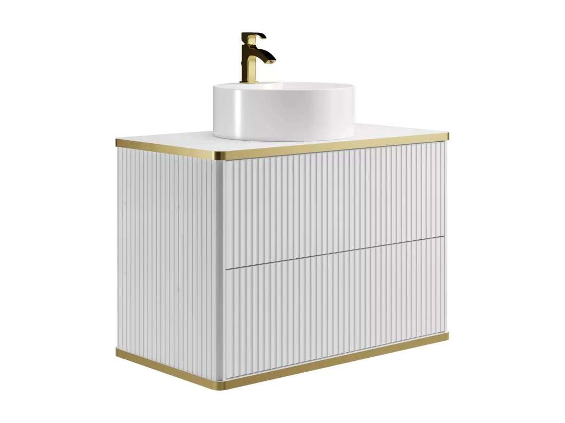 Meuble de salle de bain suspendu strié liseré doré avec vasque à poser ronde - Blanc - 80 cm - KELIZA