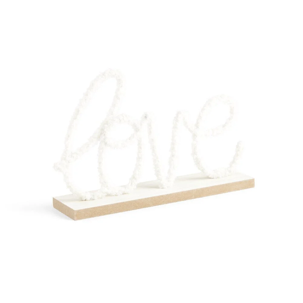 Mot à poser Love effet laine bouclée et socle bois 26,5x6x17cm