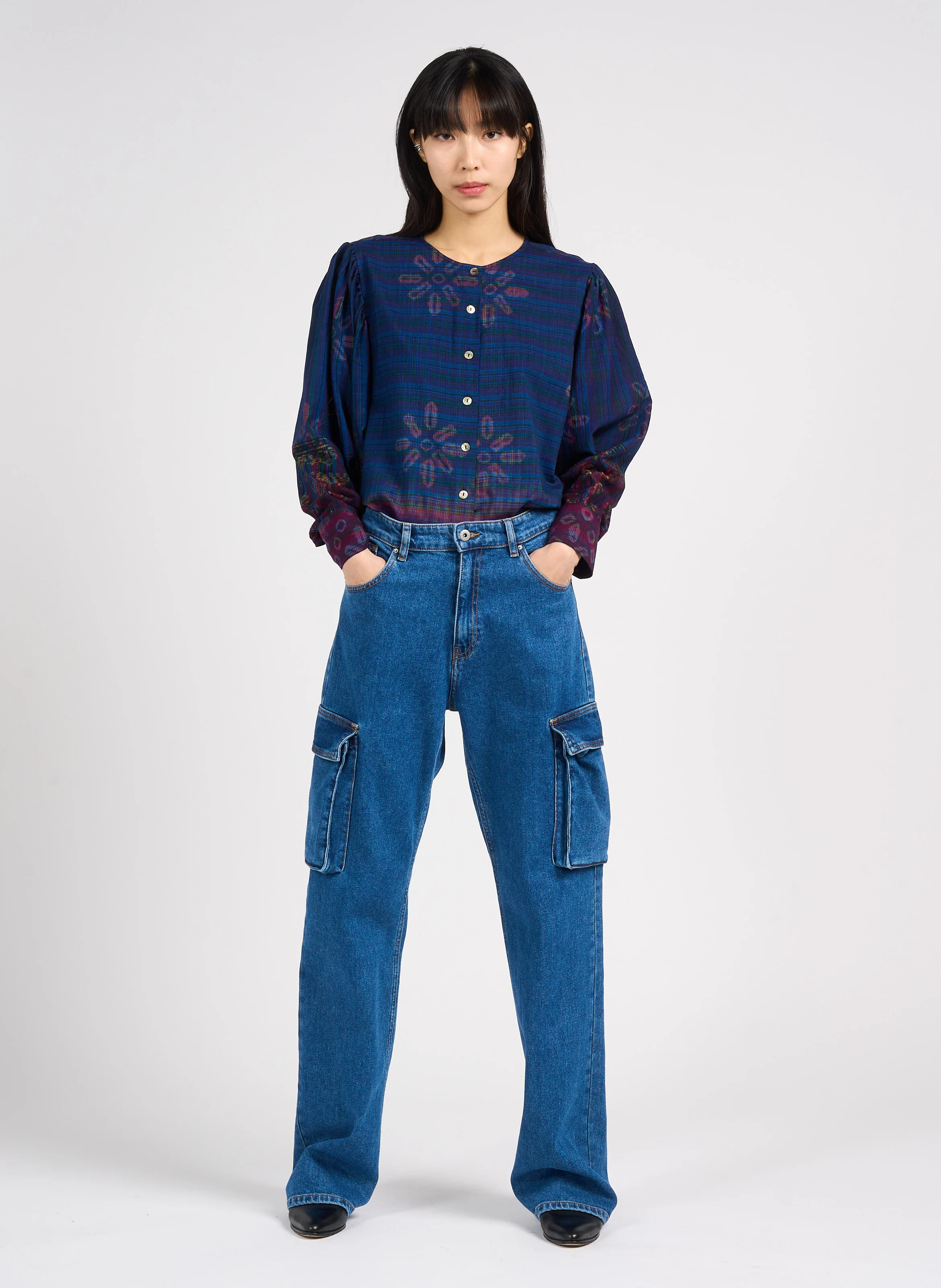 NILAI IKAT - Chemise col rond imprimée en coton| Bleu