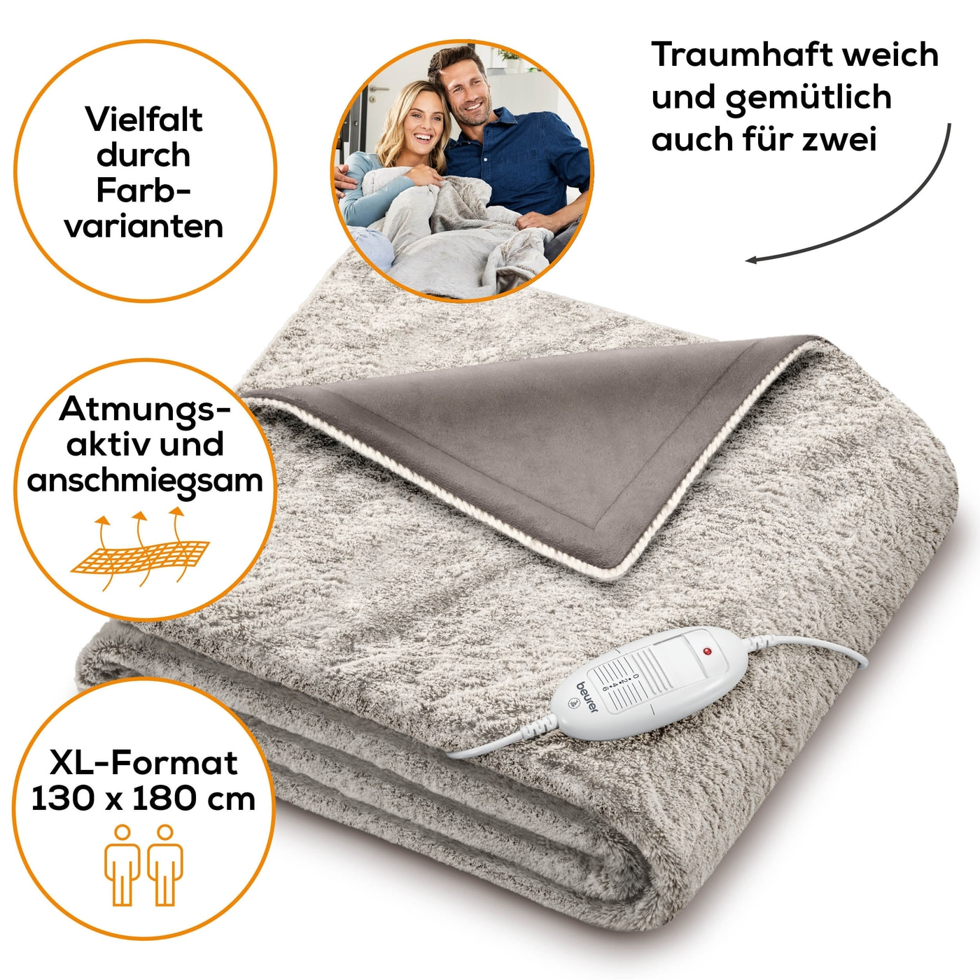 (180x130cm) HD 75 Flausch Heizdecke Elektrische Wärmedecke mit 6 Hitzestufen (42103) - Nordic Taupe