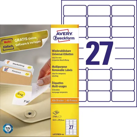 Avery Zweckform L4737REV-100 Universal-Etiketten,A4 63,5 x 29,6 mm, 100 Bogen/2.700 Etiketten, weiß