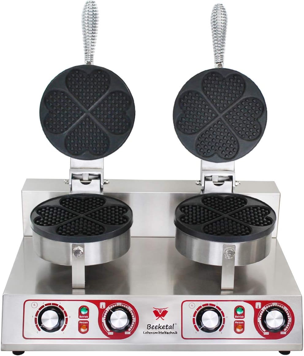 Beeketal 'BWA-2P' Profi Gastro Doppel Herz Waffeleisen mit antihaftbeschichteten Backplatten (2 x 4 geteilt Herzform), Waffelautomat für belgische Herz Waffeln, 50-300 °C stufenlos