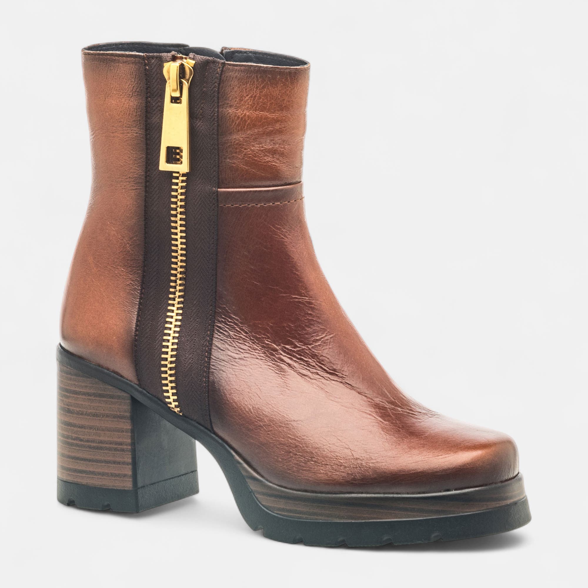 Boots à talon Femme en cuir cognac