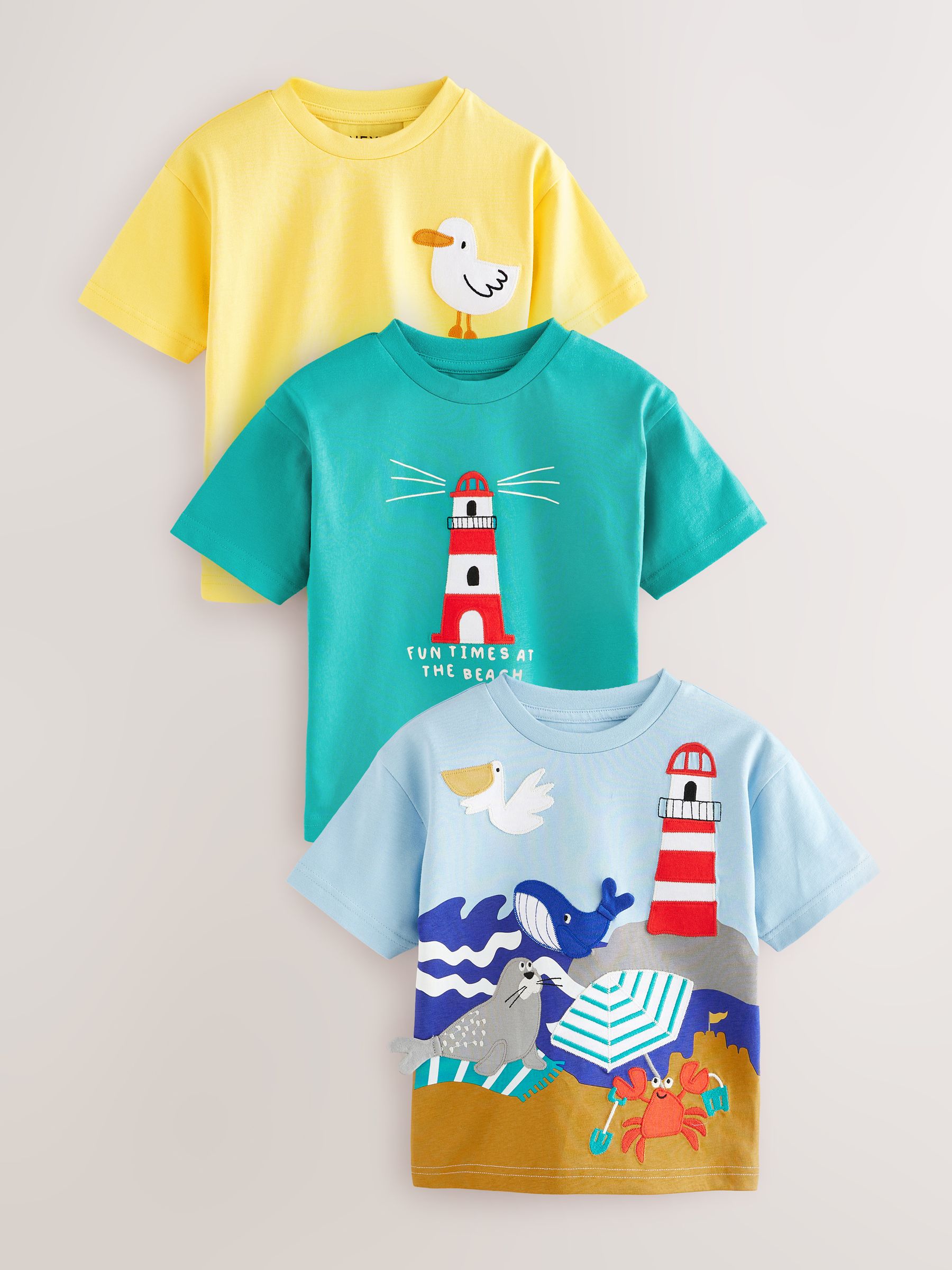 Blauw/gele strand - Verpakking van 3 T-shirts met korte mouwen en applicatie (3mnd-7jaar)
