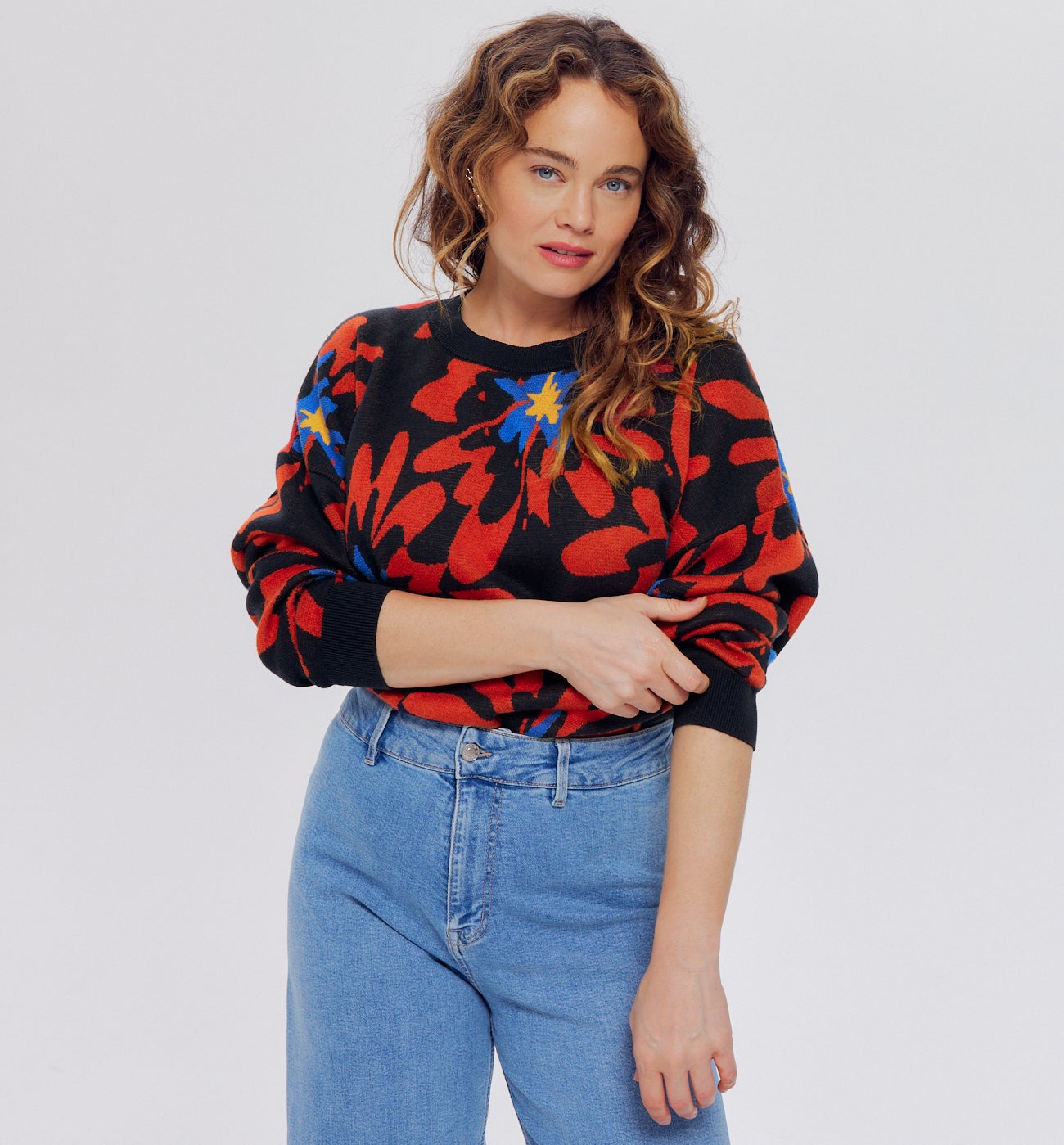 Pull motif fleuri Femme - Imprimé marine