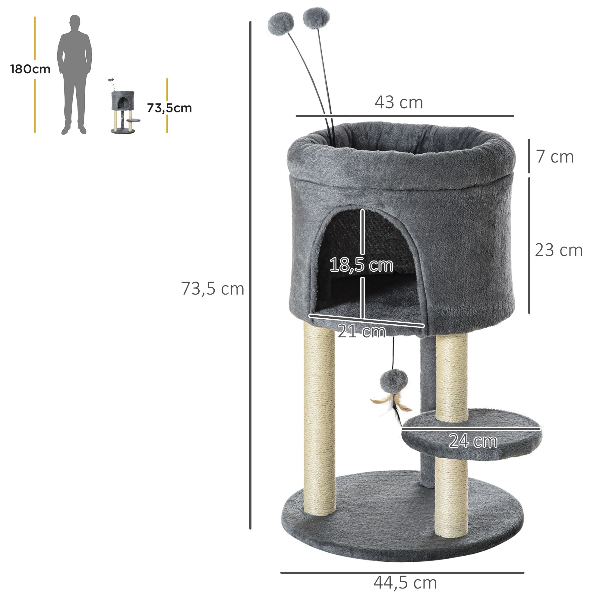 PawHut Kratzbaum mit Katzenhöhle grau, natur 44,5L x 44,5B x 73,5H cm