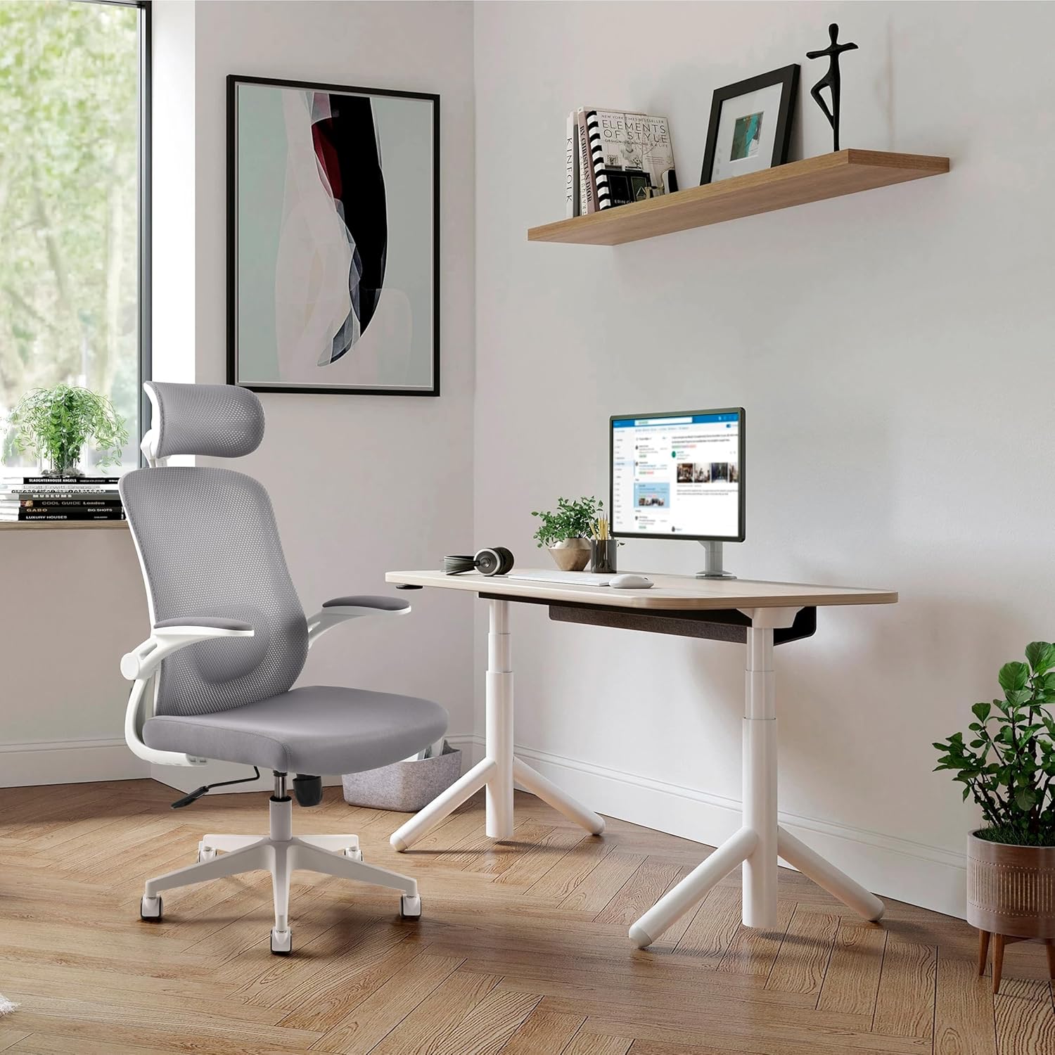 Home Office Bürostuhl VERTUFLEX Ergonomischer, 4D-Kopfstütze, höhenverstellbarer Lordosenstütze, hochklappbaren Armlehnen, Grau