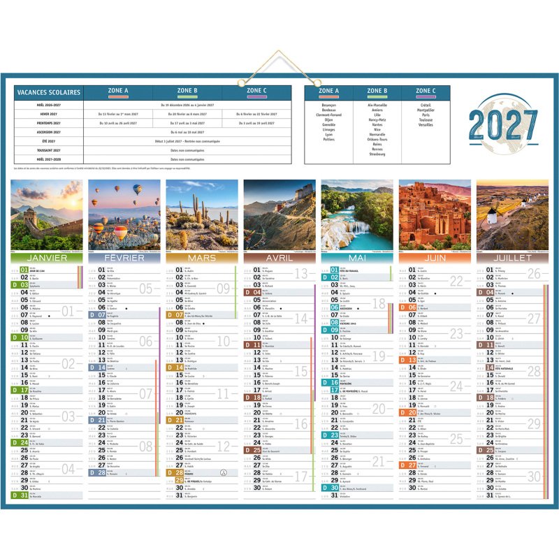 Calendrier semestriel mural 2027 - planète - 43 x 55 cm