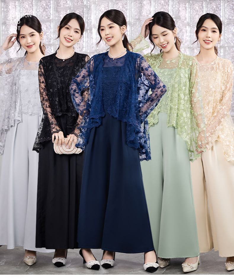 Wonhi - Set: Top met lange mouwen en kant + Mouwloze jumpsuit met wijde pijpen