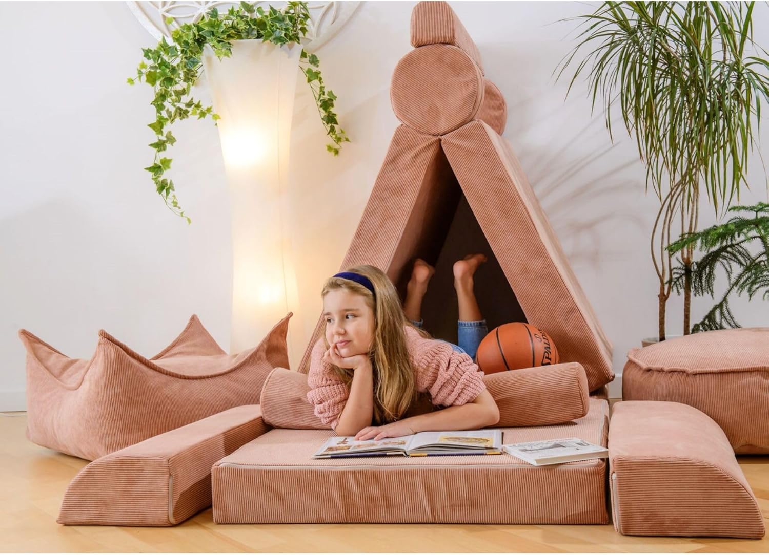 MEOWBABY Kindersofa – Spielsofa für Kinder – Weiche Klappsofa mit Schlaffunktion – Kuschelecke für Kinderzimmer, Slimcord, Hellgrau