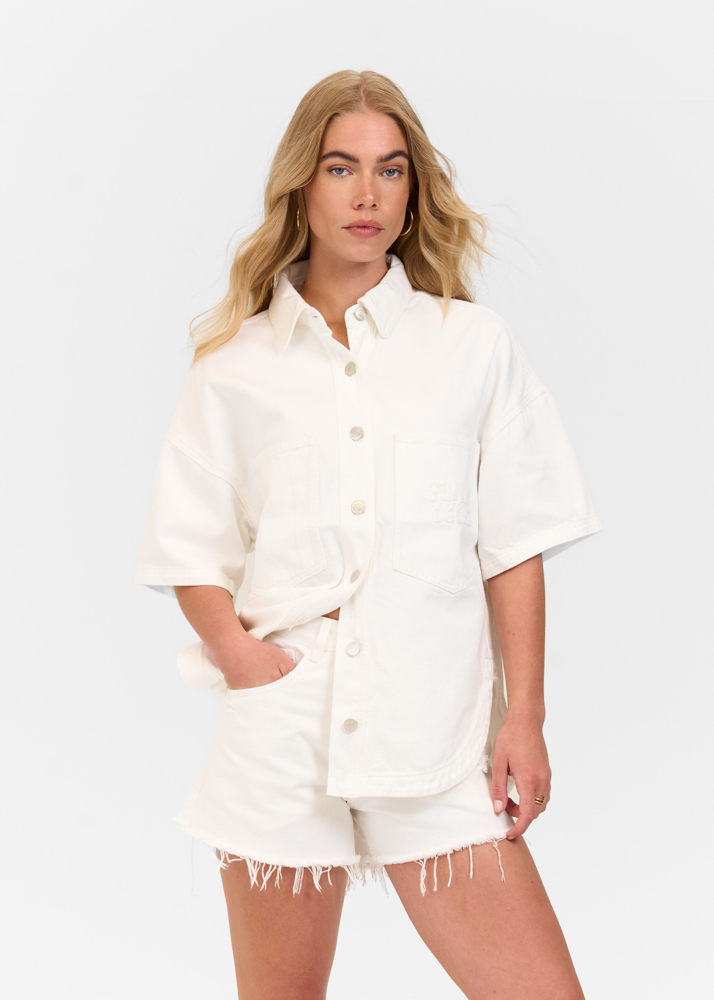 Oversized denim blouse korte mouw ecru