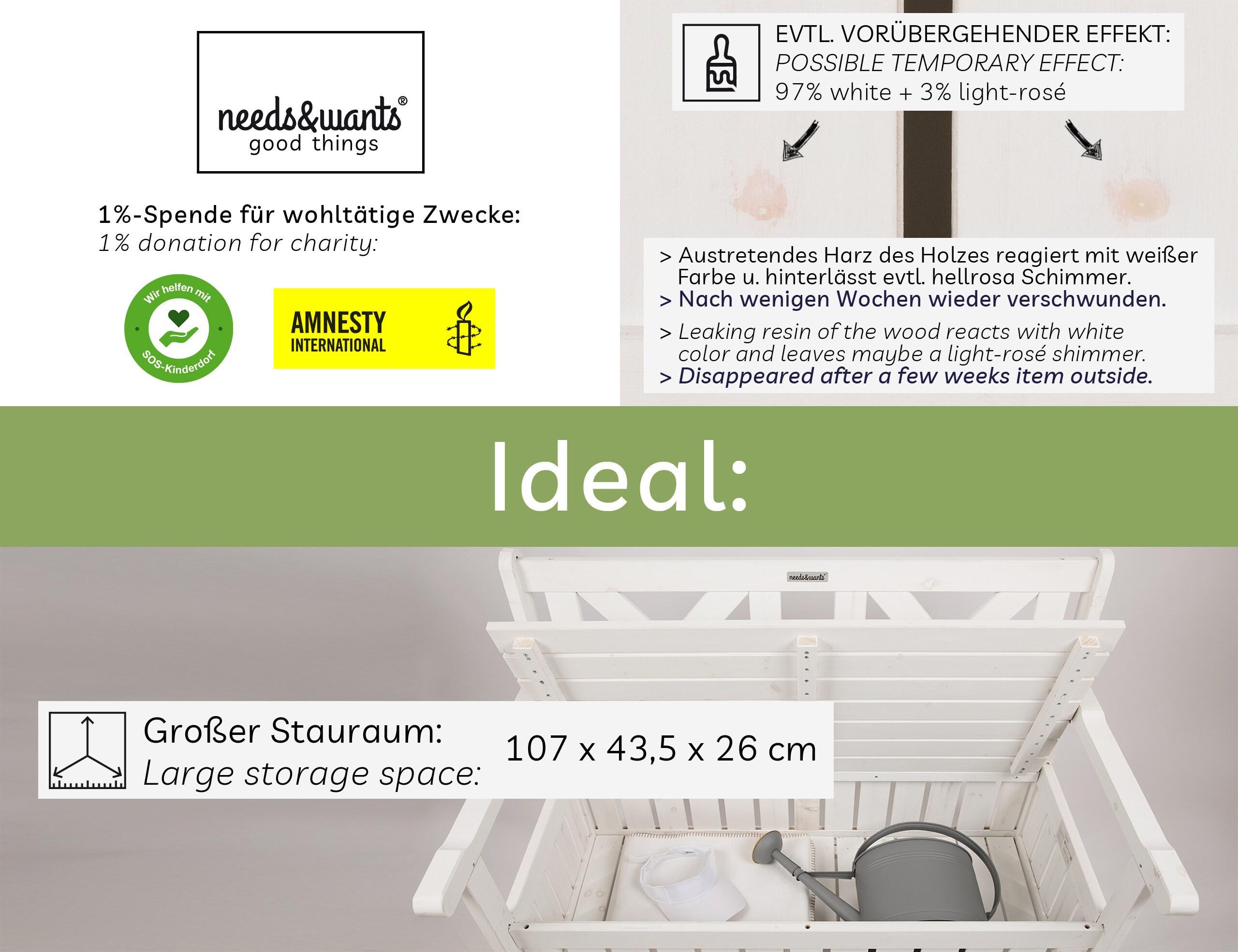 needs&wants® Gartenbank Holz wetterfest mit Stauraum und Abdeckung, 2-Sitzer Truhenbank Holzbank klassisch, Parkbank Sitzbank massiv Garten Outdoor mit Truhe, Naturholz Massivholz, weiß