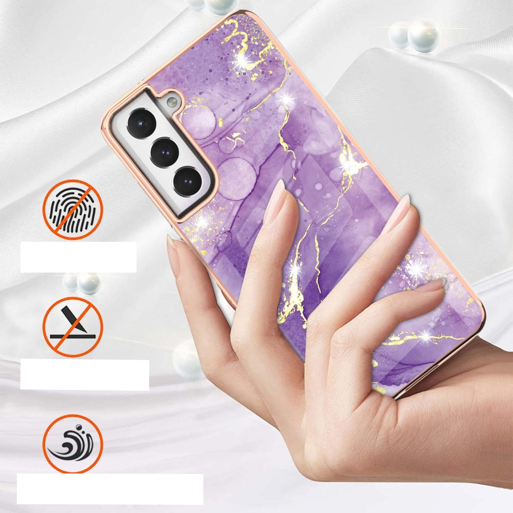 Samsung Galaxy S21 FE 5G Gummi Case Hülle Galvanisierter Rahmen Marble Marmor Design - Violett / Roségold