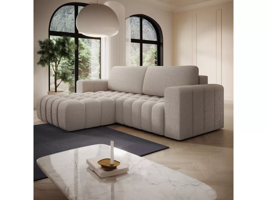 Canapé d'angle gauche convertible Clovis Bouclette Beige