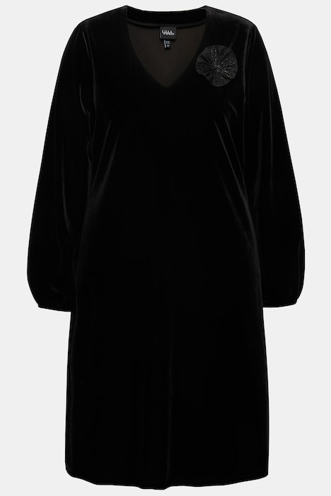 Samtkleid, Brosche, A-Linie, V-Ausschnitt, Langarm