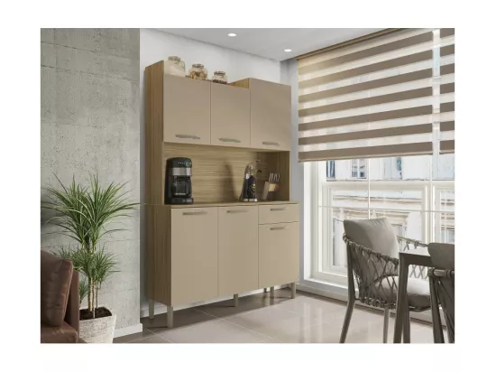 Buffet de Cuisine 6 Portes 1 Tiroir Chêne et Taupe L 121.5 H 176 P 36.3 cm