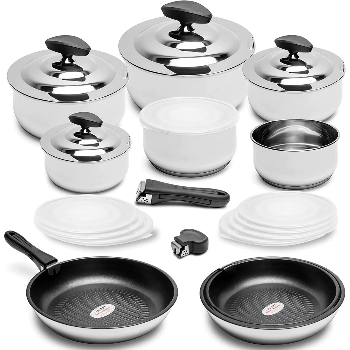 Batterie de Cuisine Induction, Poignée Amovible, 24 Pièces, Acier inox