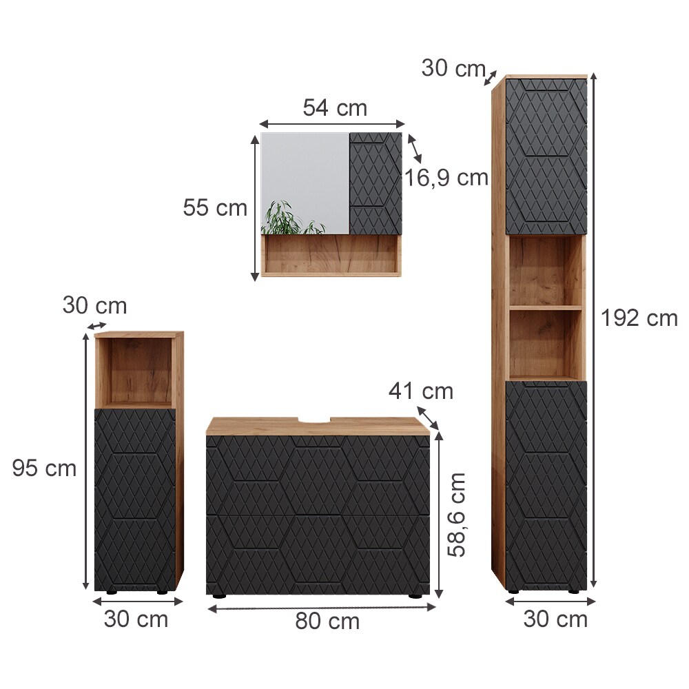 Vicco Badmöbel-Set Irma Eiche Anthrazit 4-teilig Hochschrank Midischrank 95 cm