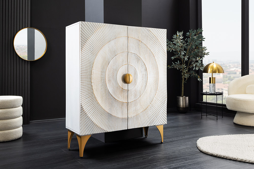 Massives Highboard GOLDEN SUNSET 120cm weiß gold Mangoholz mit 3D Schnitzereien