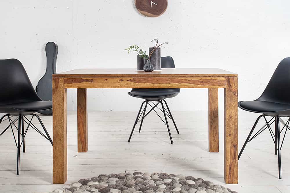 Massiver Holz Esstisch PURE 120-200cm braun Sheesham stone finish mit Ansteckplatten