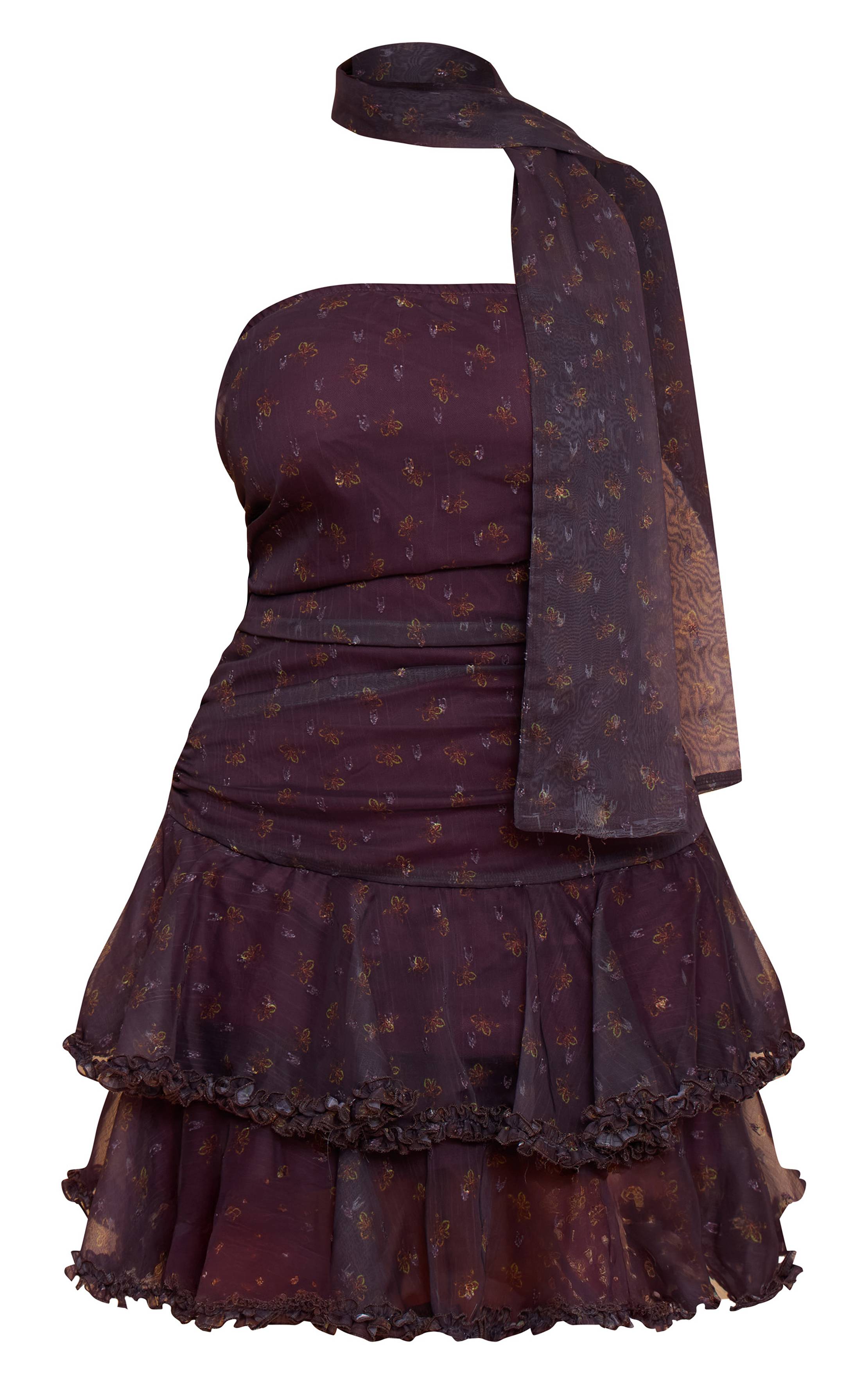 Prune Robe Mini Moulante En Mousseline À Imprimé Orchidée Et Volants Étagés