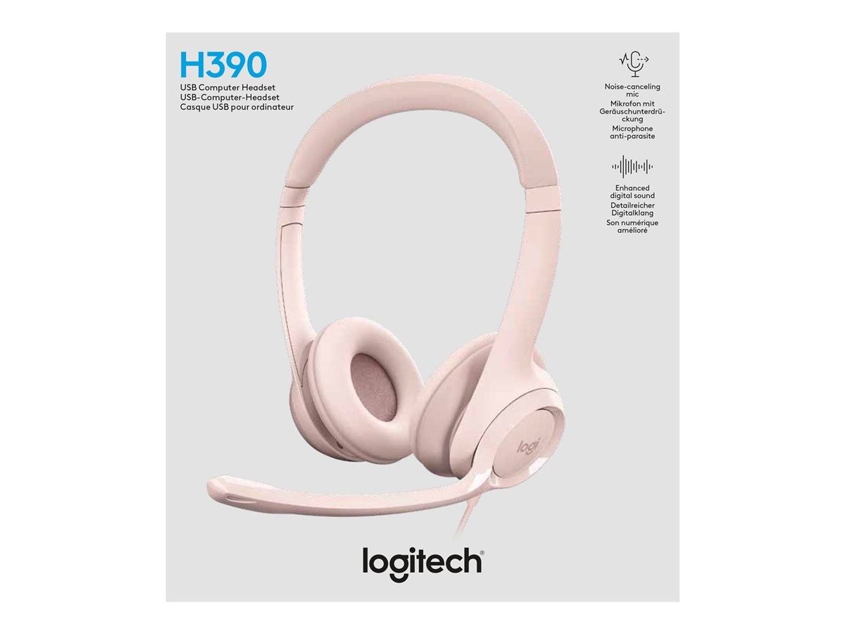 Logitech - H390 Headset med ledning til pc/laptop, stereohovedtelefoner med støjreducerende mikrofon, USB-A, ROSE