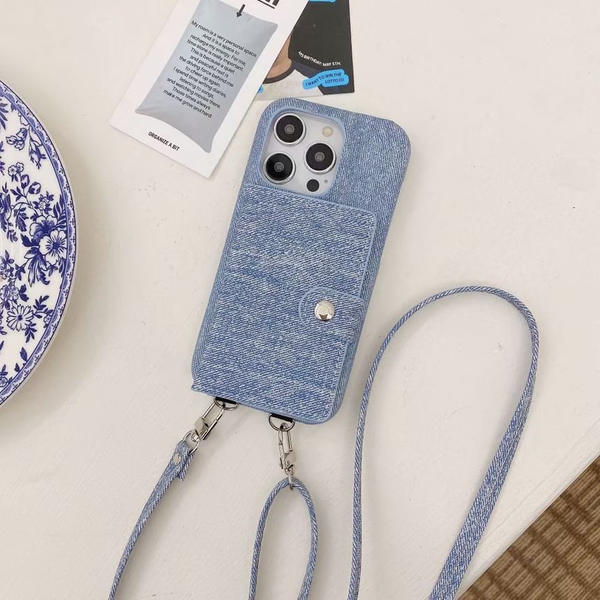 Muniepolis - Denim kaarthouder lanyard telefoonhoesje - iPhone X / XS / XR / XS Max / 11 / 11 Pro / 11 Pro Max / 12 mini / 12 / 12 Pro / 12 Pro Max / 13 / 13 Pro / 13 Pro Max / 14 / 14 Pro / 14 Plus / 14 Pro Max / 15 / 15 Pro / 15 Pro Max / 15 Plus