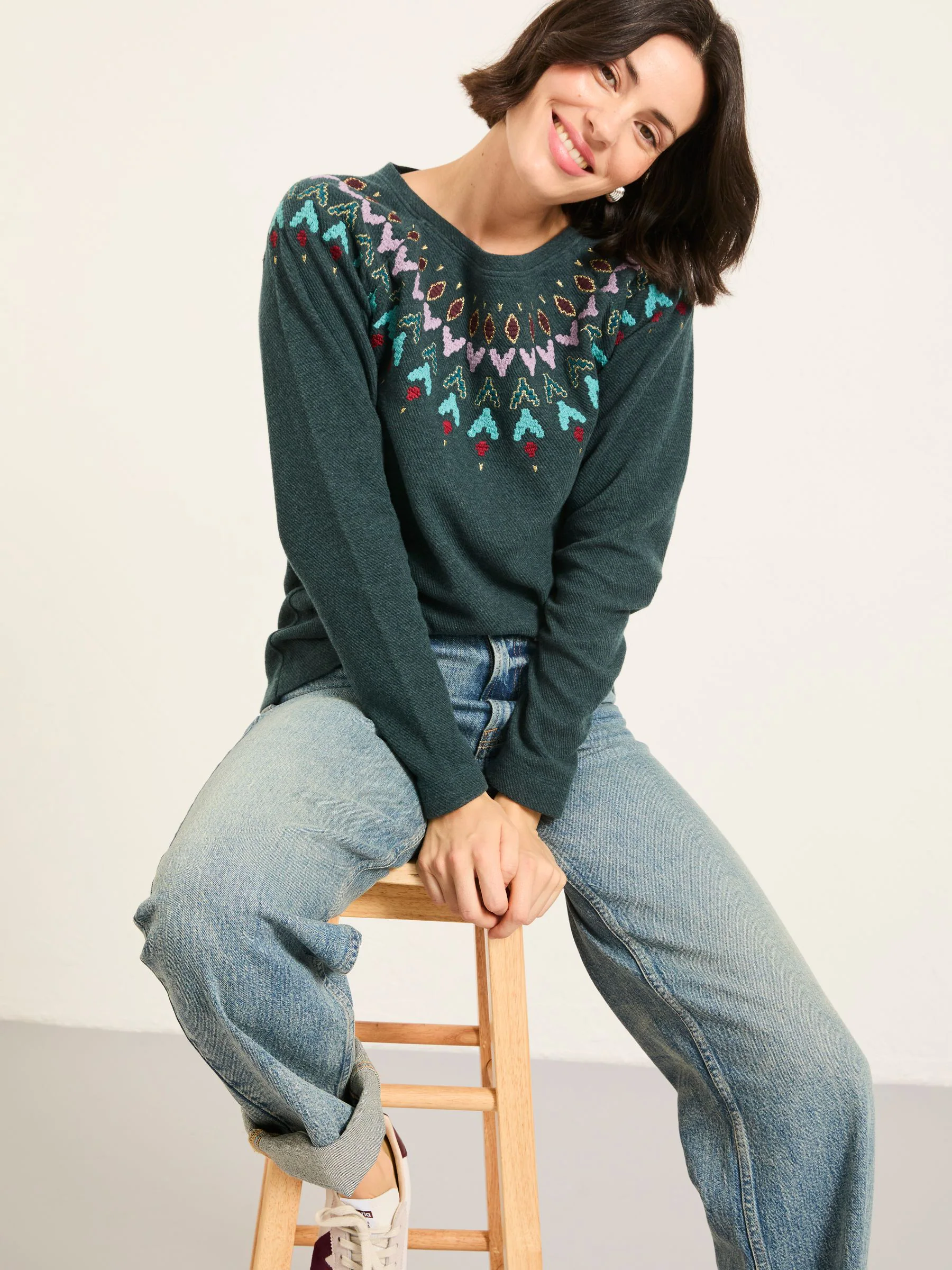 Blauwgroen - FatFace Embroidered Fairisle Crew Sweatshirt