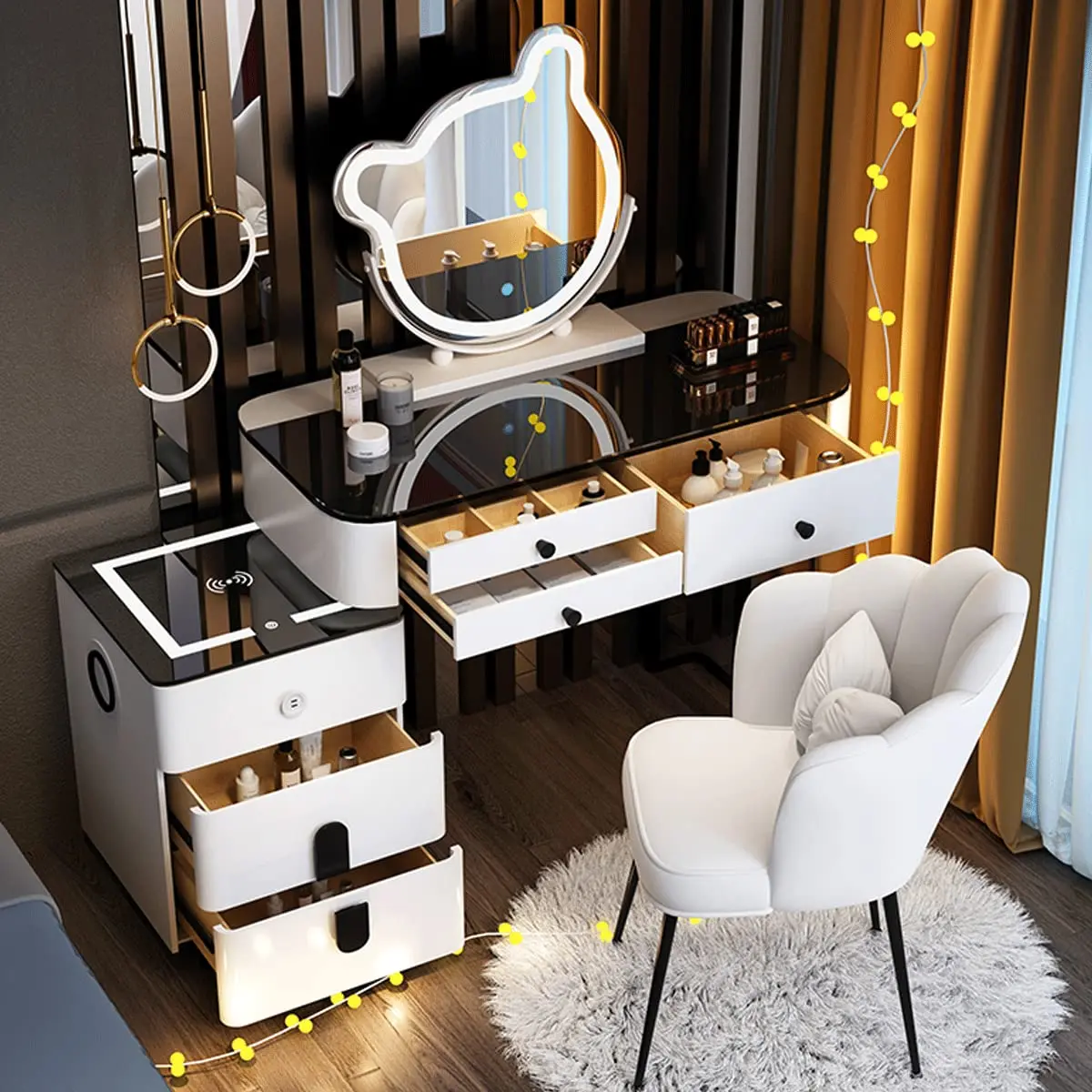 Conjunto de penteadeira com espelho e luzes LED de 3 cores, com banqueta acolchoada, para quarto de família, para ela (120 cm/47,2 pol.)