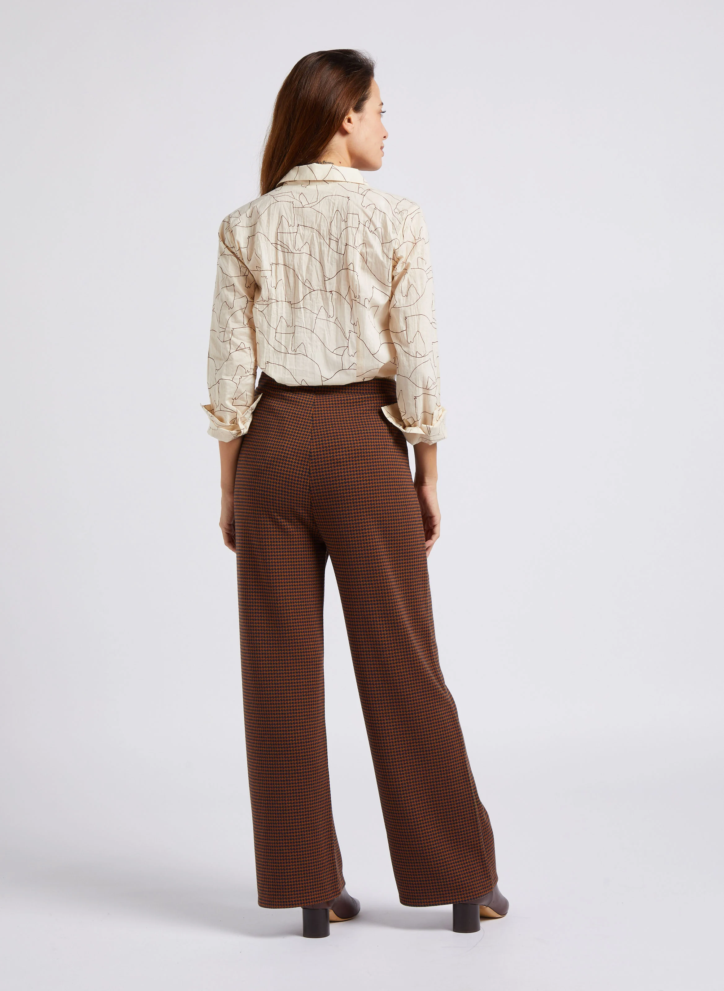 Pantalon droit en jacquard pied de poule | Bleu