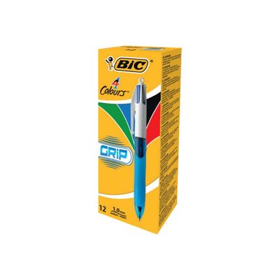 BIC 4 Couleurs Grip - Stylo bille 4 couleurs - noir, rouge, bleu, vert - 1 mm - moyen - rétractable (pack de 12)