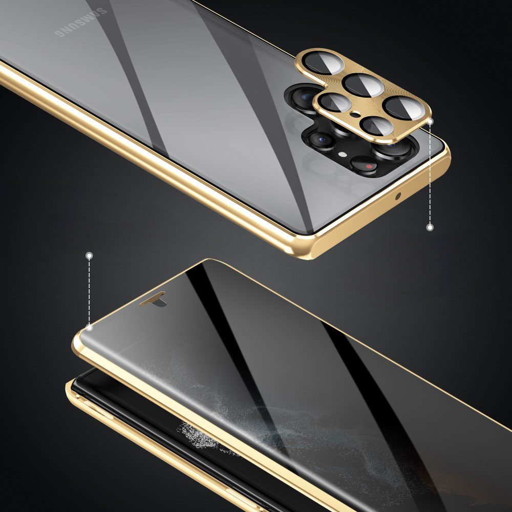 Samsung Galaxy S24 Ultra Magnetische Alu Schutzhülle mit Panzer Glas Backcover   Privacy Display- / Kameraglasschutz (Verschlussmechanismus) - Schwarz