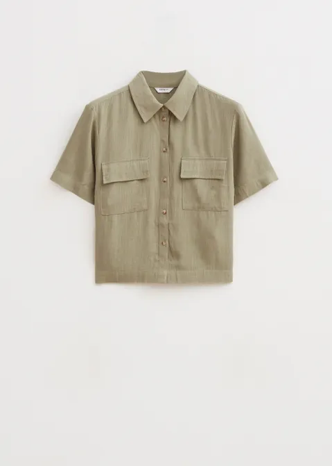 Linnen mix korte mouwen blouse groen (GRN.O)