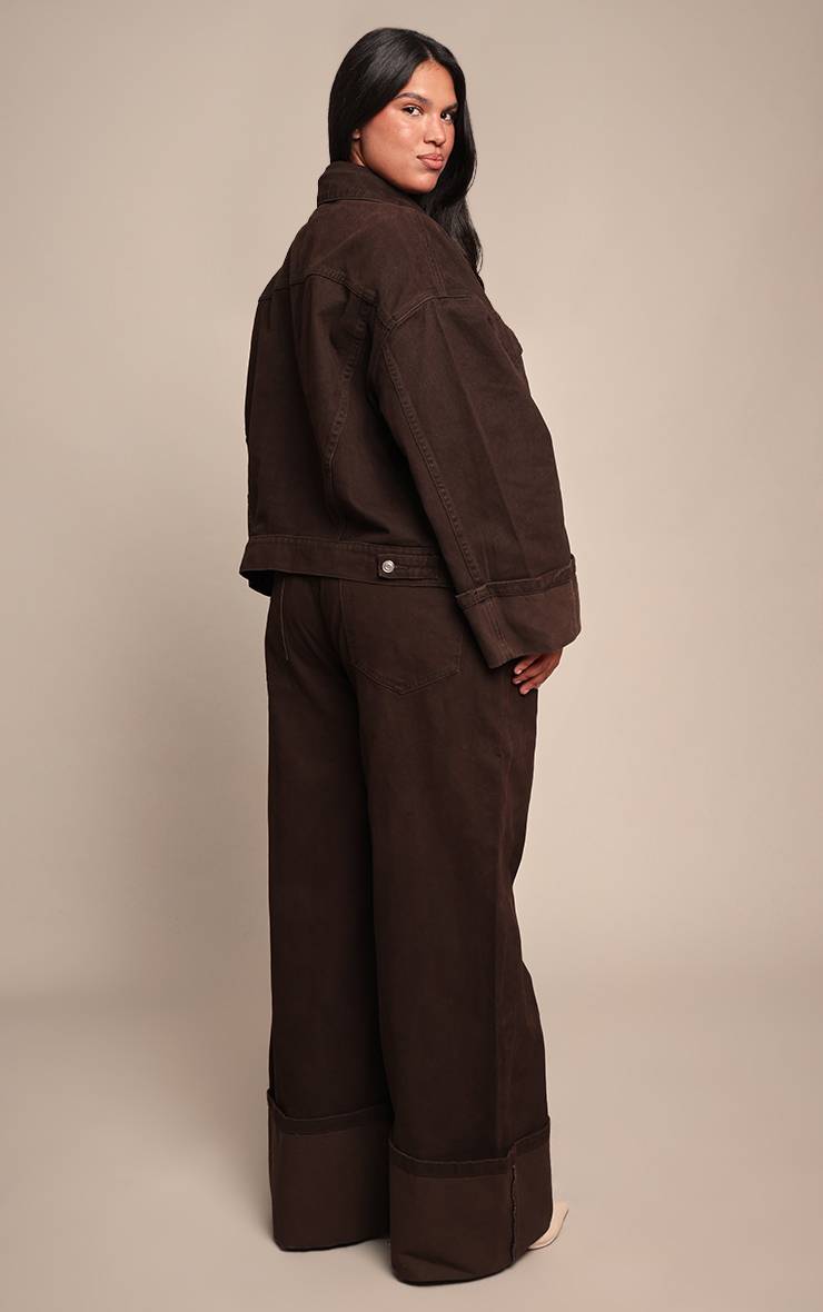 Chocolat Jean Grande Taille Jambe Large Brut Ourlet Retroussé Surpiqûres Contrastées
