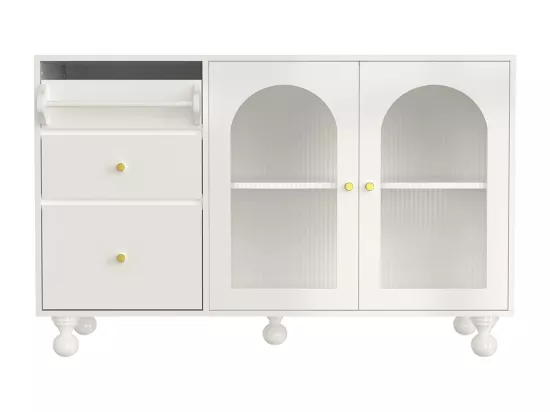 Buffet de salle à manger blanc avec longue porte en verre arc-en-ciel et porte-serviettes, meuble de rangement élégant