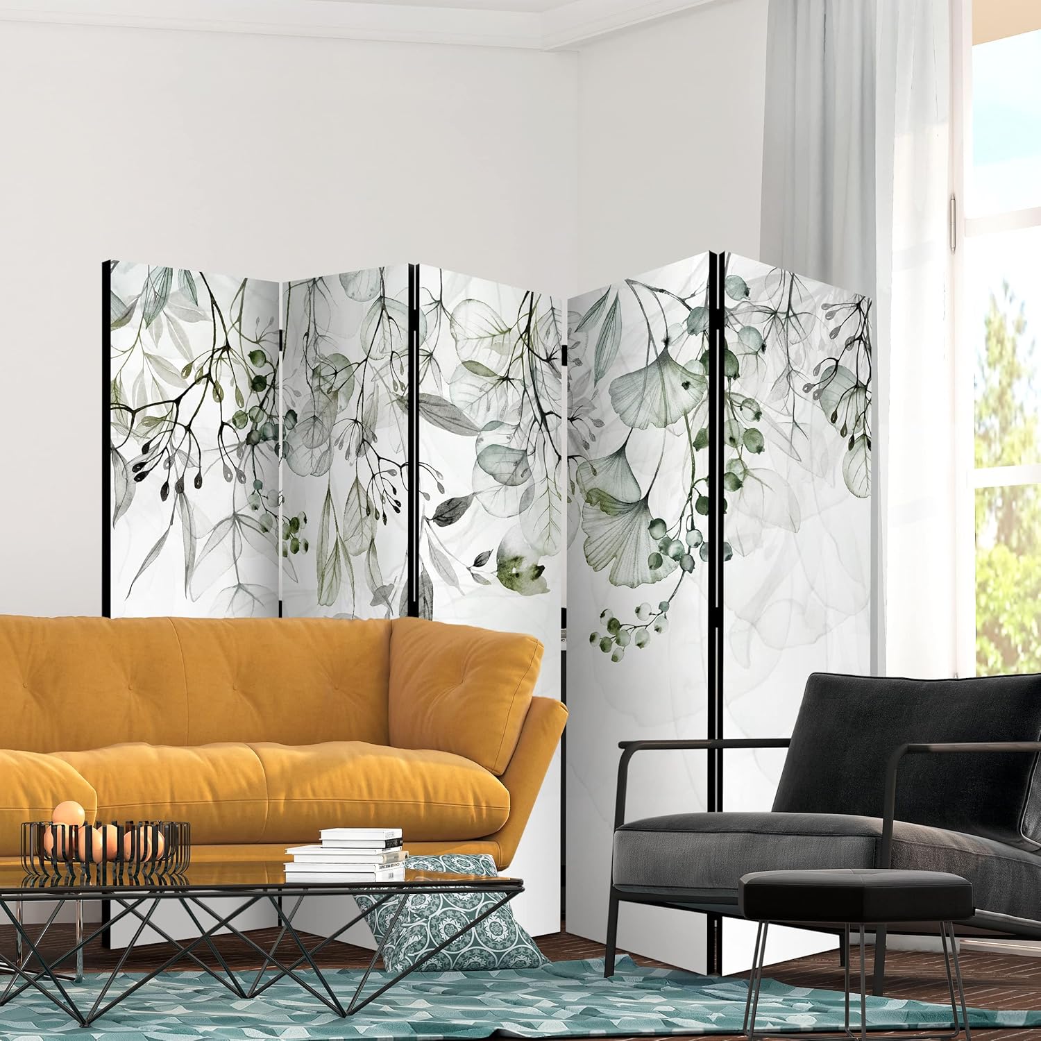 decomonkey Paravent Raumteiler Innen Pflanzen 225x172 cm 5 Teilig Einseitig Room Divider Wall Raumteiler Stehend Trennwand Sichtschutz Spanische Wand Sichtschutzwand Wohnzimmer Holz Laub Natur JD5282411
