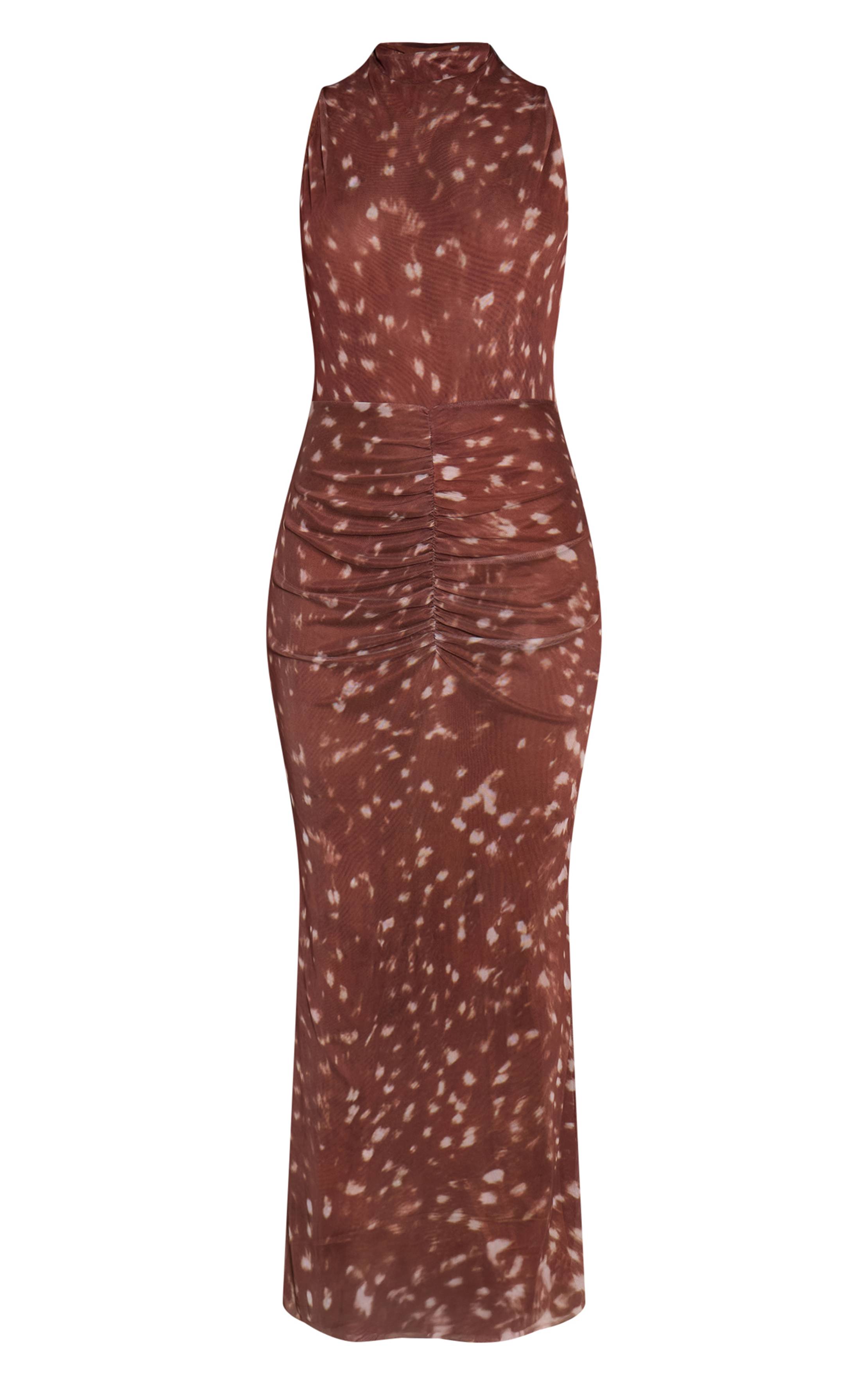 Marron Robe Midaxi En Mesh À Col Montant Imprimé Cerf