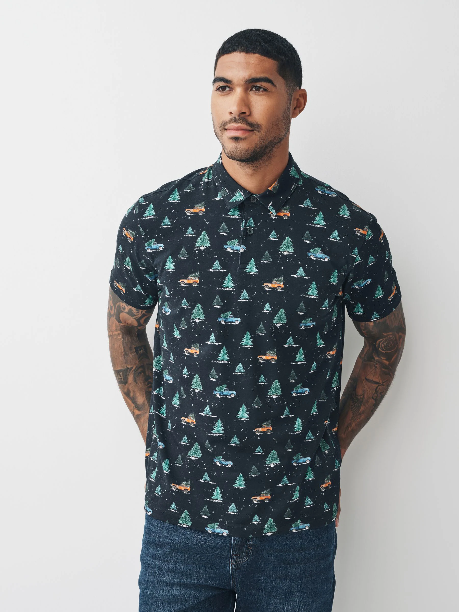 Antracietgrijs met autoprint - Kerstpoloshirt