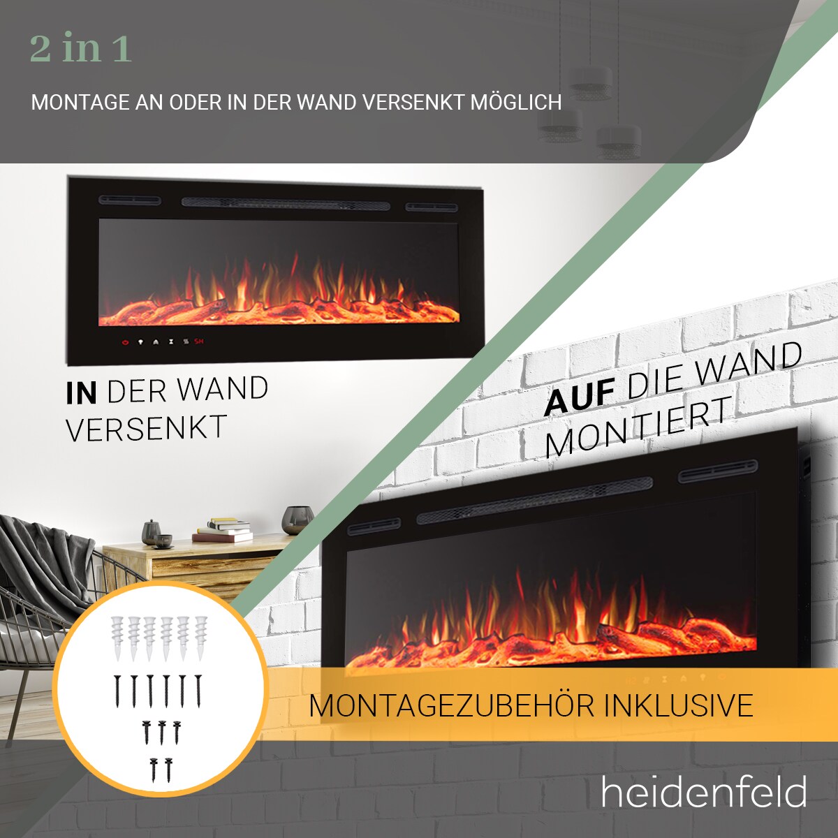 Heidenfeld Elektrokamin HF-WK200, 6 Größen, weiß/schwarz, Wandeinbau, 3D-Flammeneffekt in 10 Farben (Schwarz, 92 x 55 cm)