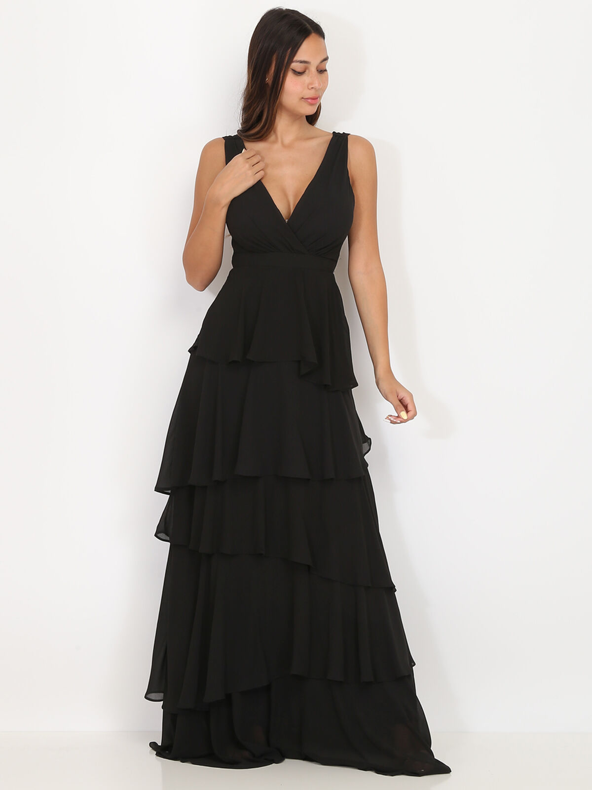 Robe longue à volants- Noir