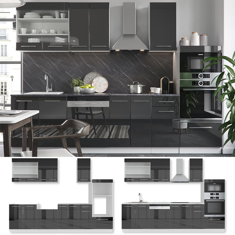 Vicco Küchenzeile Fame-Line, Anthrazit Hochglanz/Weiß, 300 cm mit Hochschrank, ohne Arbeitsplatte
