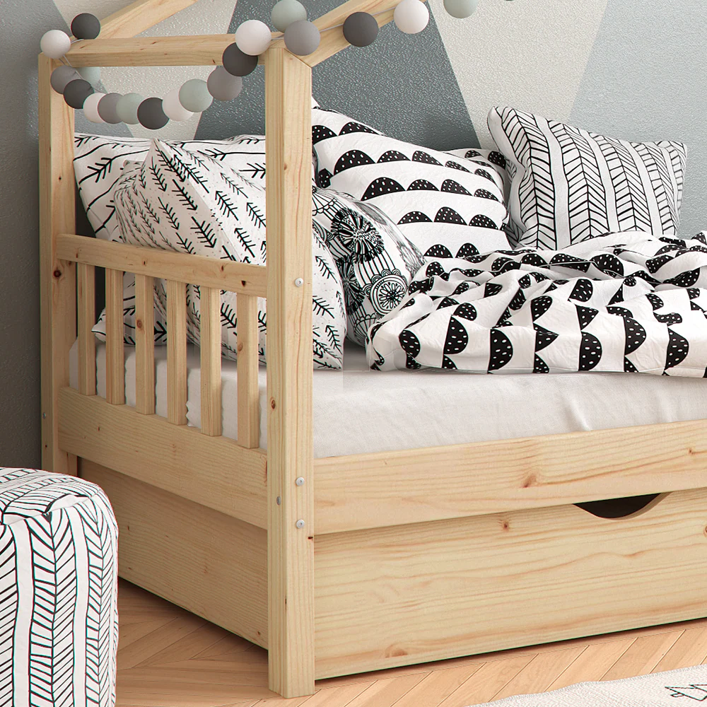 VitaliSpa Kinderbett Hausbett Kinderhaus Design Natur Lattenrost 90x200 Matratze