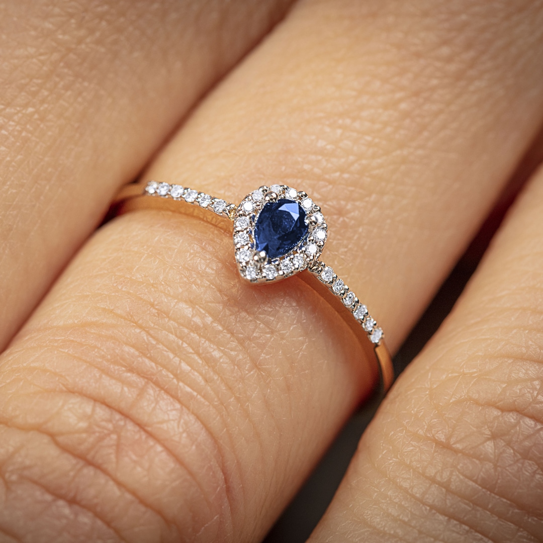 Damenring 750/18 K Gelbgold mit Saphir Tropfen und Diamanten 0.08 ct H/si