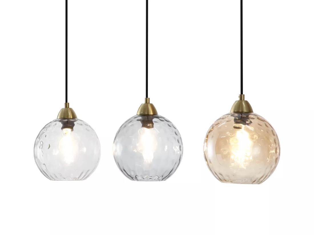Lustre en métal et verre fumé - 3 globes - L. 80 x H. 120 x P. 20 cm - Doré - SUSANNE