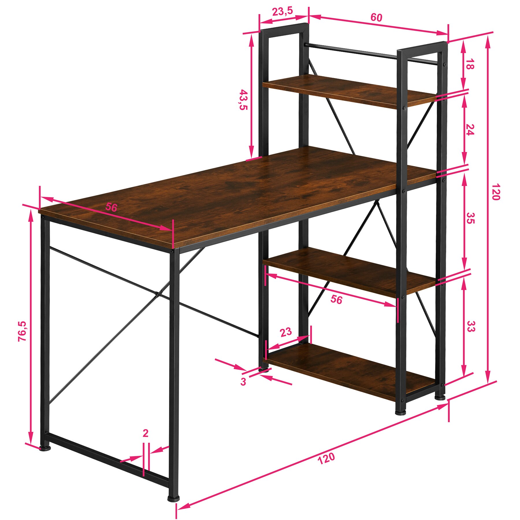 tectake® Computer-Schreibtisch, Industrial Style, integriertes Regal mit 3 Ablagefächern, 122 x 61 x 120 cm