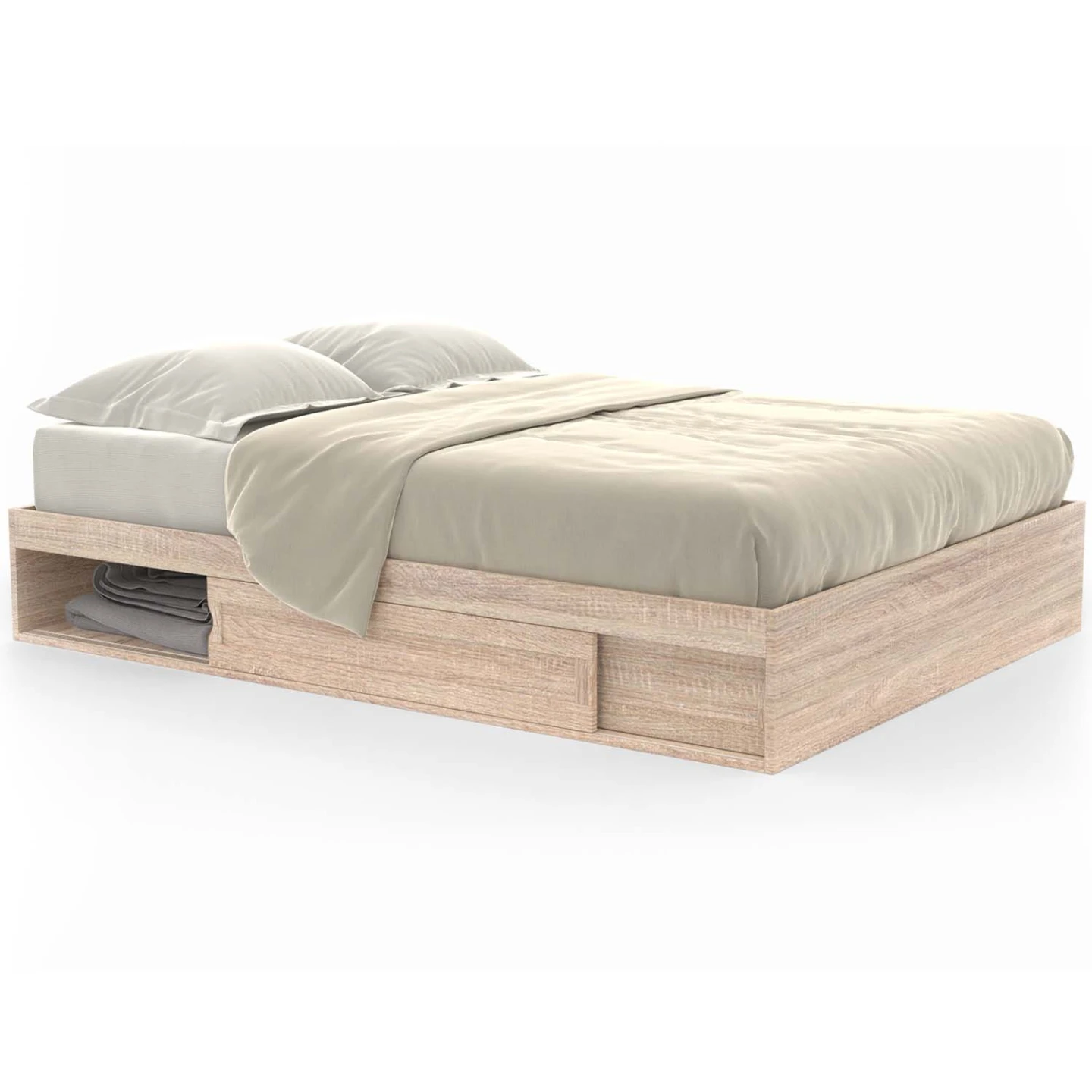 Cadre de lit double SALEM avec rangements et sommier 140 x 190 cm façon hêtre