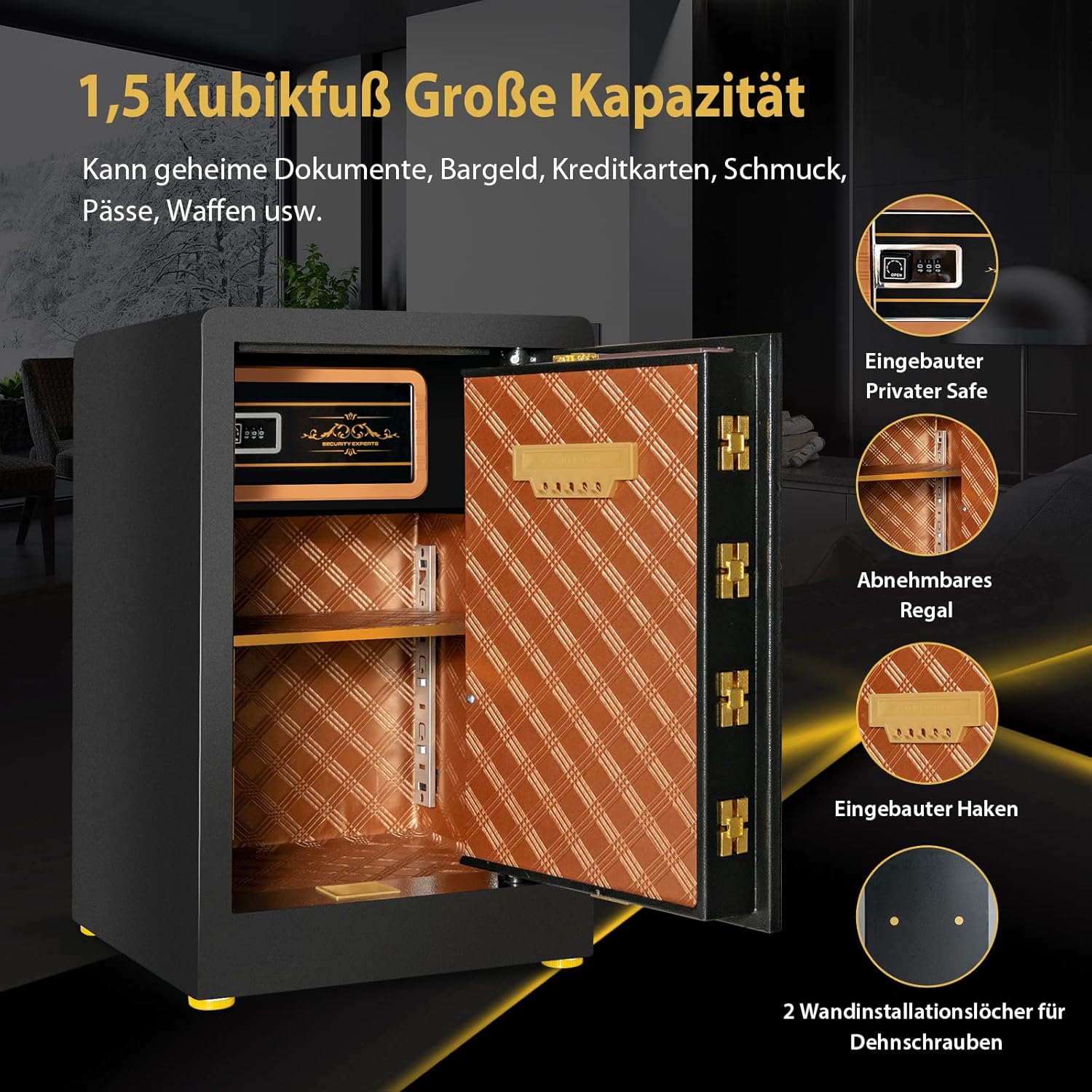 COSTWAY 42,5L Tresor feuerfest für Zuhause, Elektronik Safe mit integriertem Mini Tresor & Zufallszahlen-Tarnung & Alarmsystem, höhenverstellbar & abnehmbar Ablage, inkl. 2 Haupt- & 2 Notschlüssel