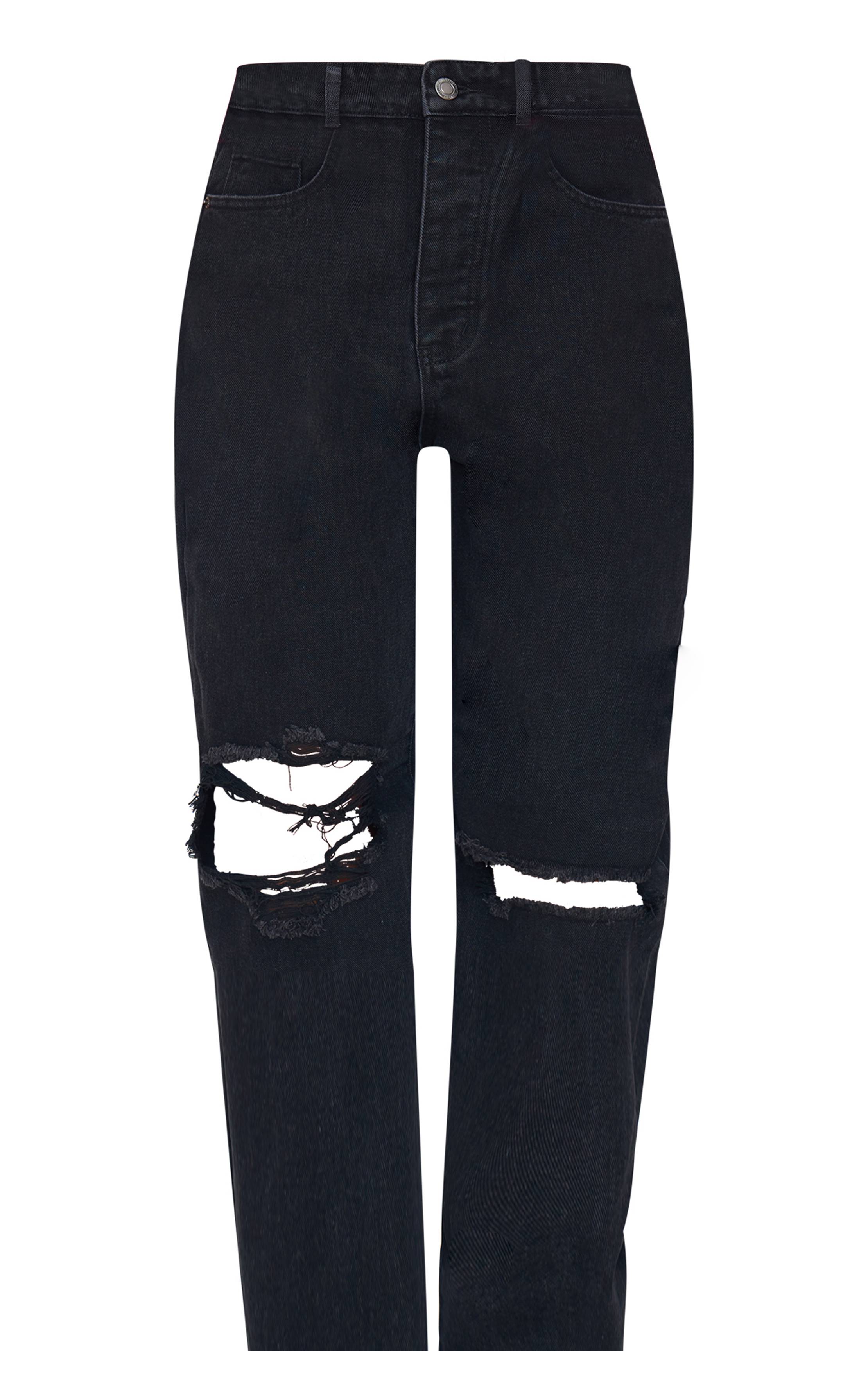 Noir Délavé Prettylittlething Jean Boyfriend Noir Délavé Ourlet Ultra Déchiré