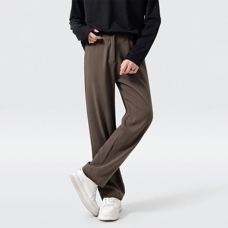 Nightbell - Mid Rise Plain Straight Leg Dress Pants