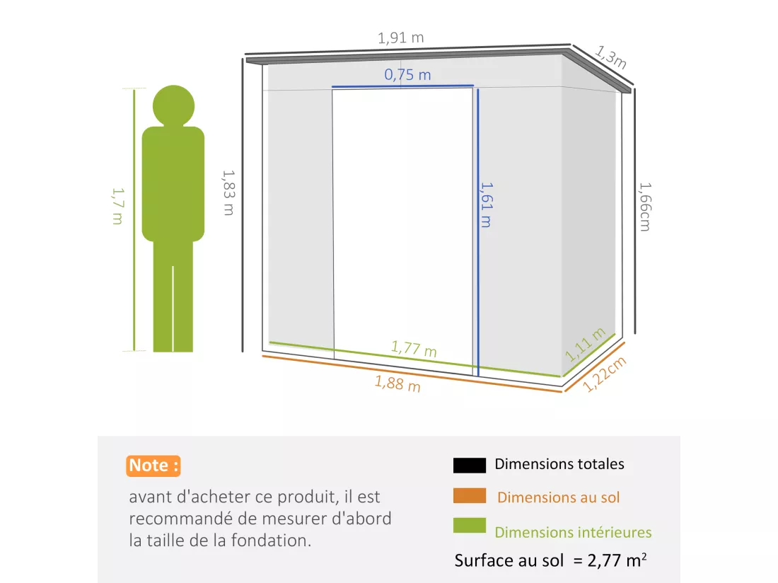 Abri de jardin cabanon dim. 191L x 130l x 166H cm porte verrouillable ventilations tôle acier ondulé gris